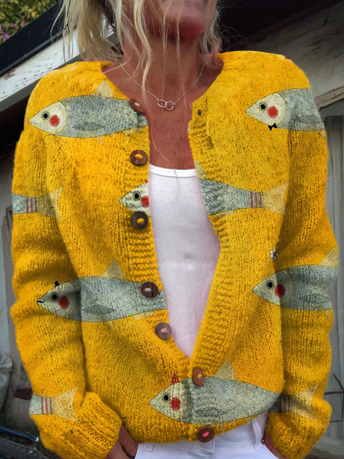 Léa | Gul strikket cardigan med fisk