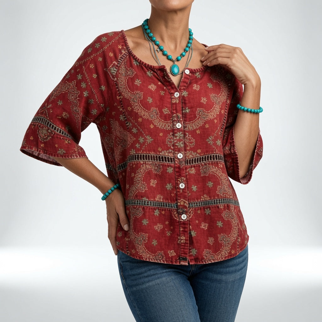 Sylvia | Bohemebluse med patchworkprint