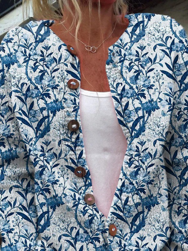 Nina | Cardigan med indigo fugle og blomster