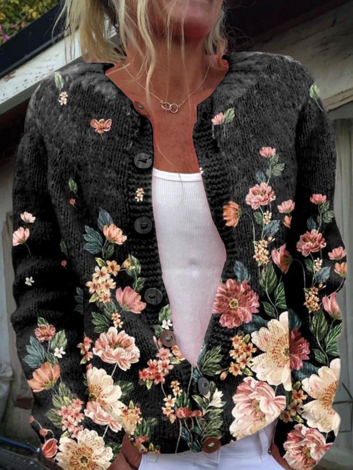 Mathilde | Cardigan med blomster på sort bund