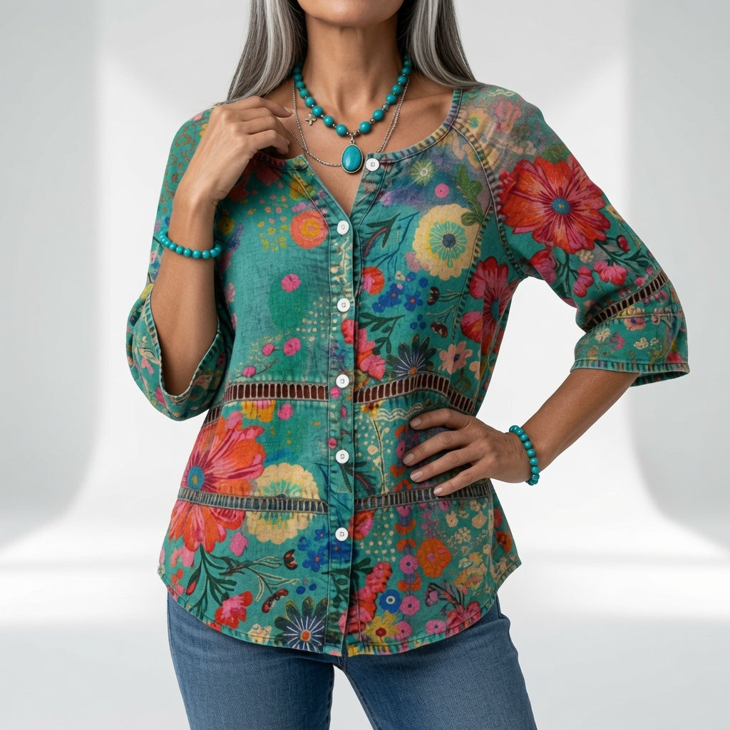 Sylvia | Bohemebluse med patchworkprint