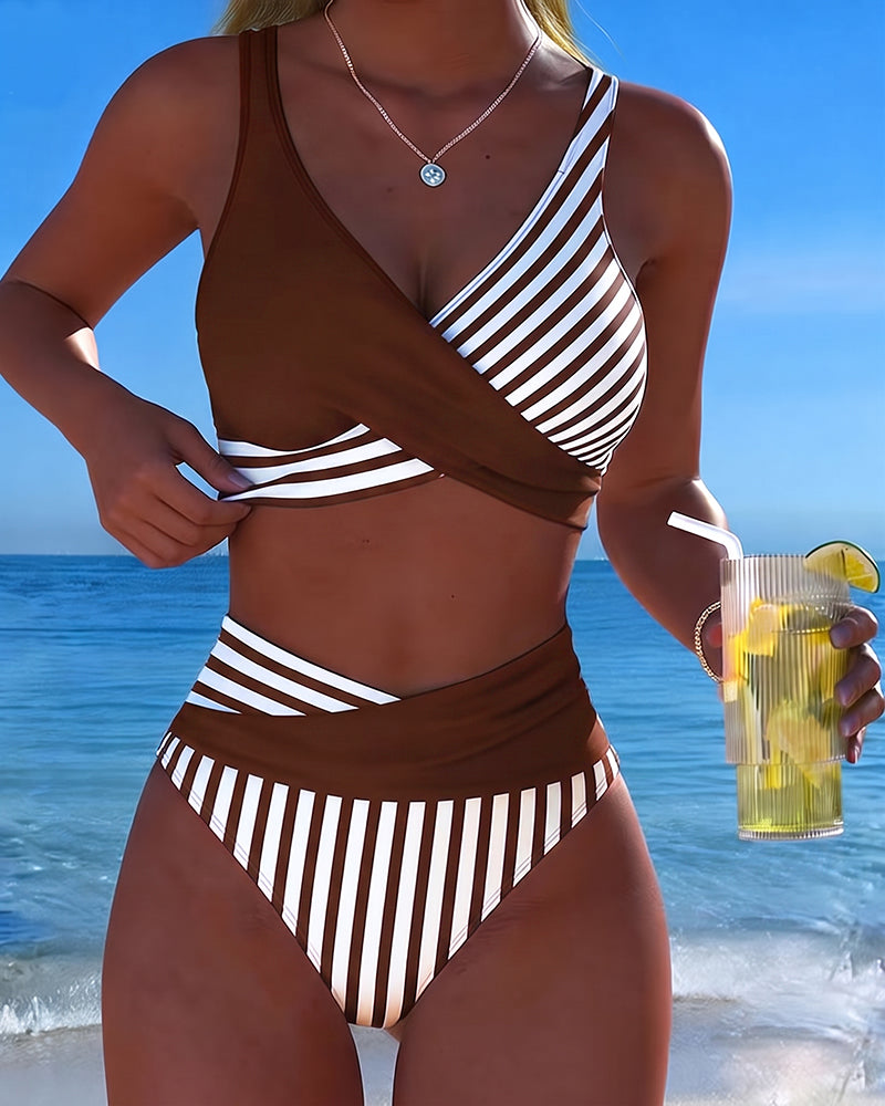 Rafaëlle | Stribet bikini med krydset top og højtaljede trusser