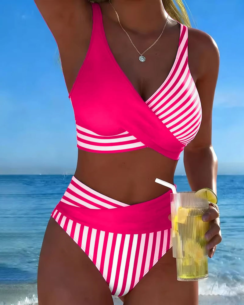 Rafaëlle | Stribet bikini med krydset top og højtaljede trusser