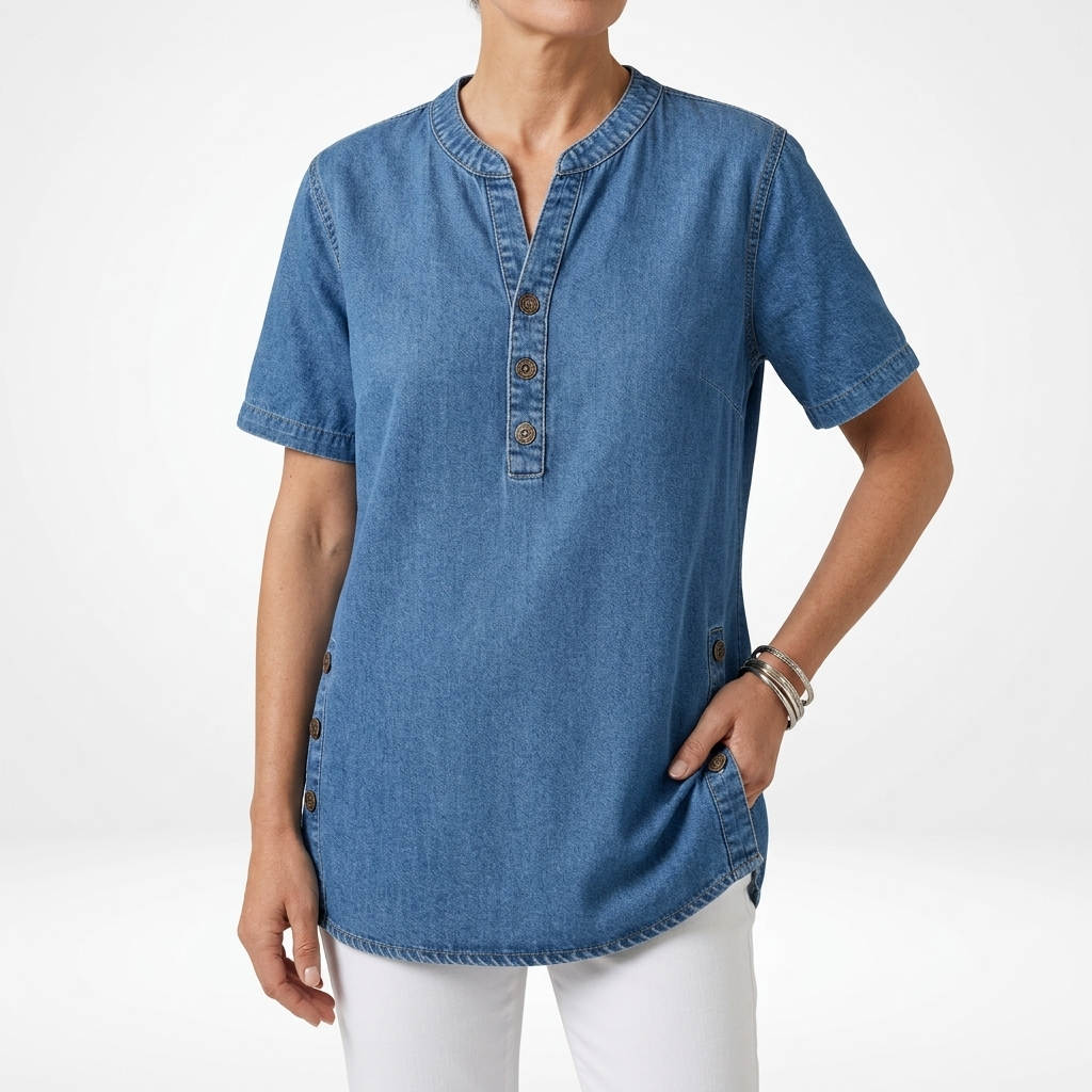 Denise | Top med denimlook og Henley-krave