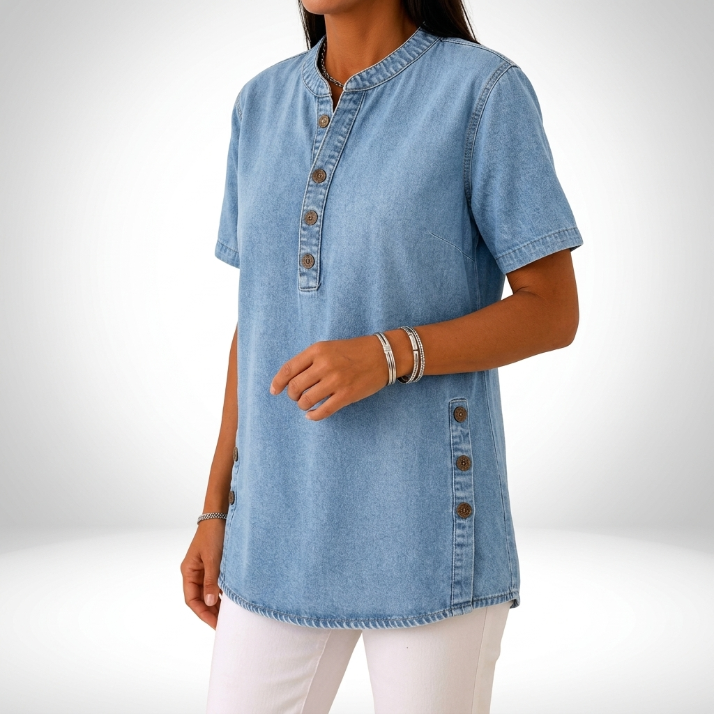 Denise | Top med denimlook og Henley-krave