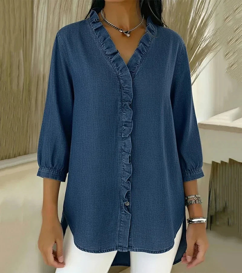 Anouk | V-halsbluse med flæser