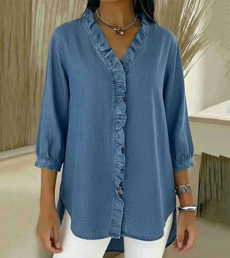 Anouk | V-halsbluse med flæser