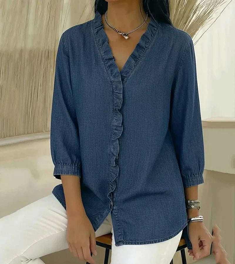 Anouk | V-halsbluse med flæser