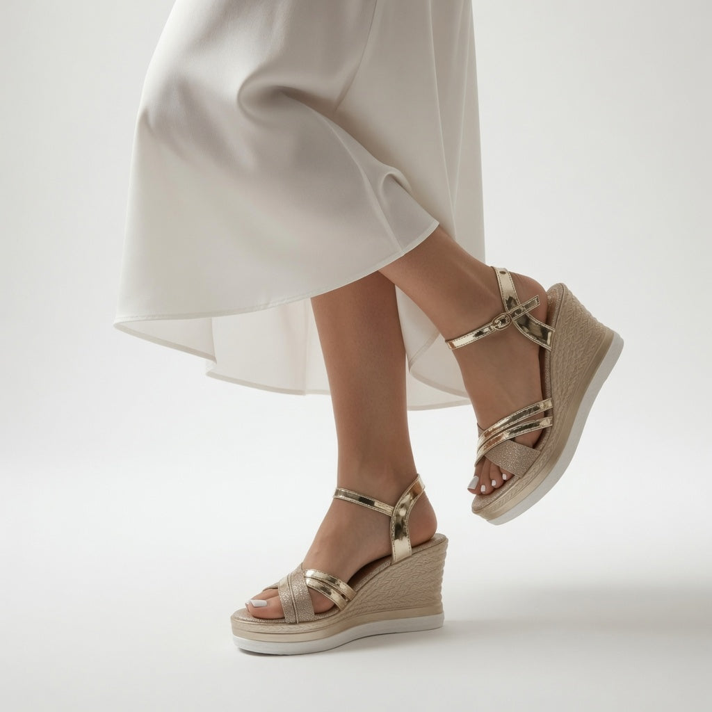 Georgette | Metalliske kilehælssandaler