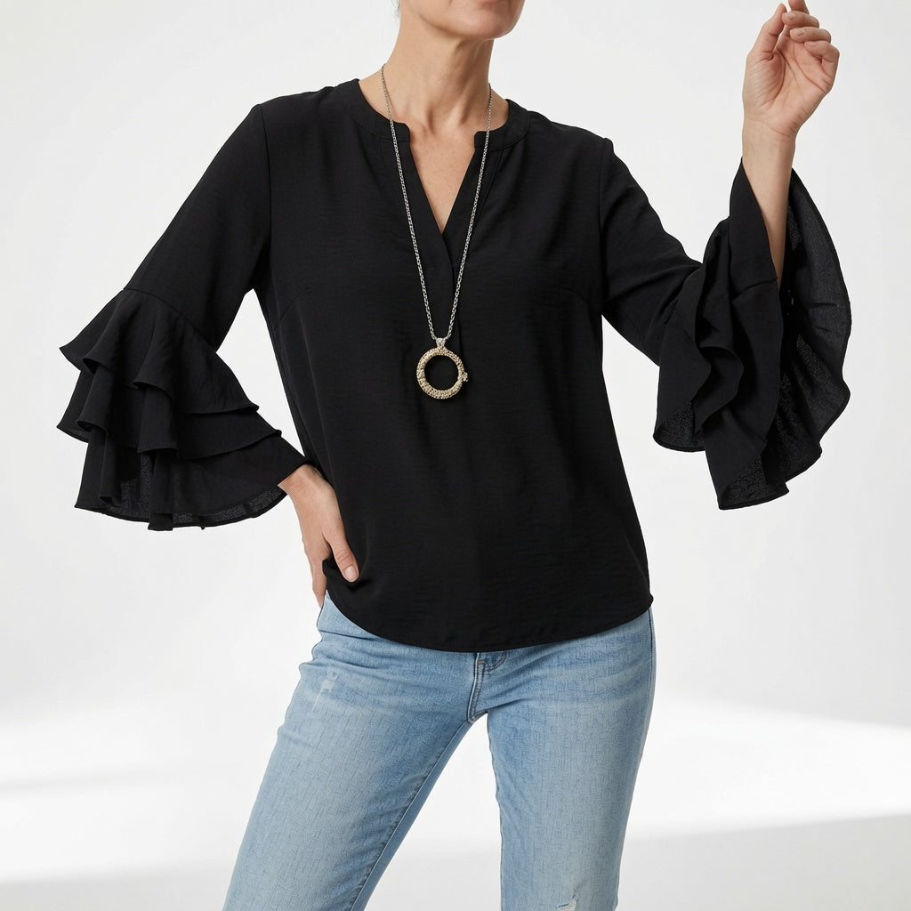 Mireille | Flydende bluse med flæseærmer