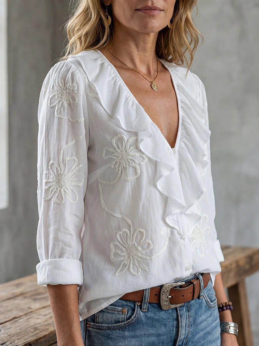 Isaline | V-halsbluse med flæser