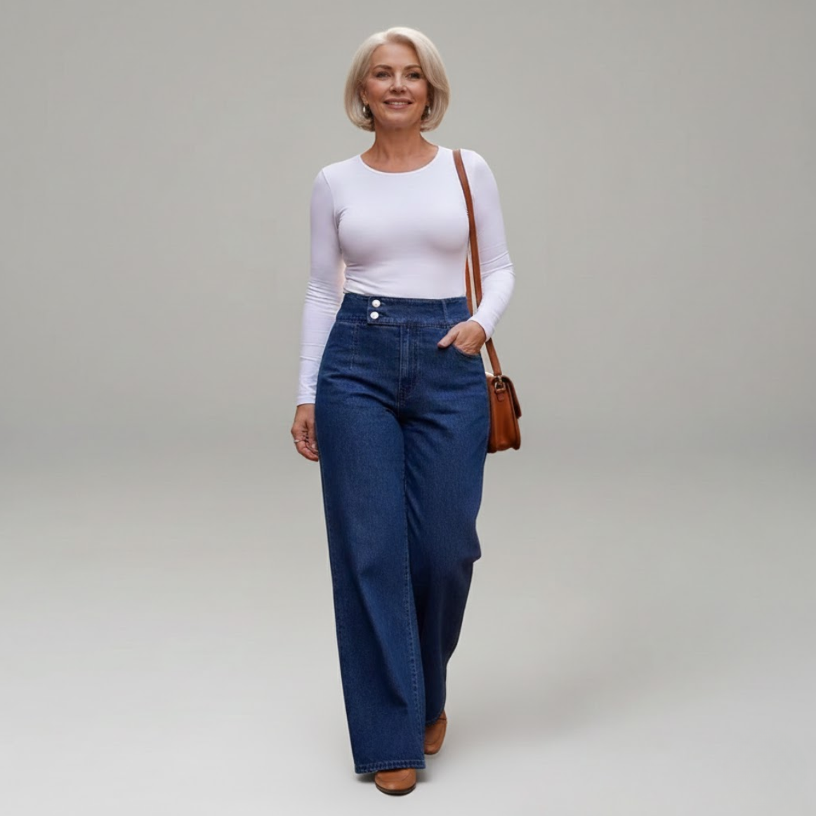 Rachel | Brede jeans med høj talje og asymmetrisk knaplukning