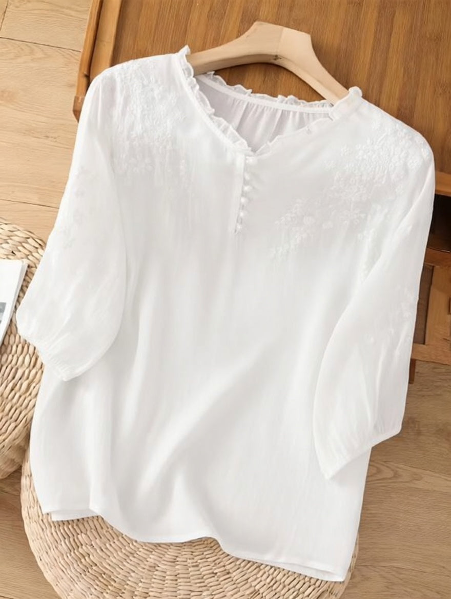 Éléna | Broderet bluse med hørlook