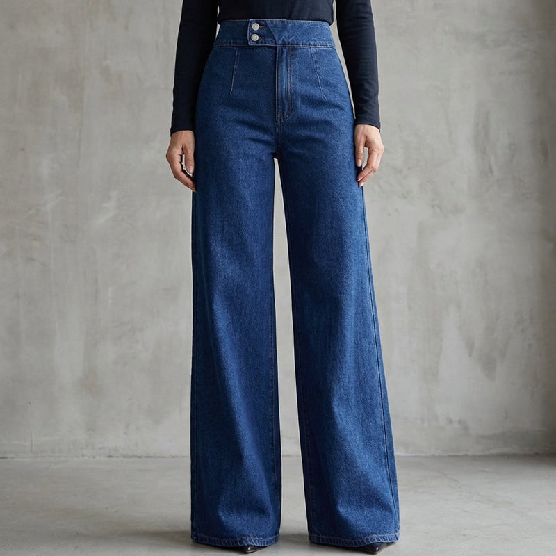 Rachel | Brede jeans med høj talje og asymmetrisk knaplukning
