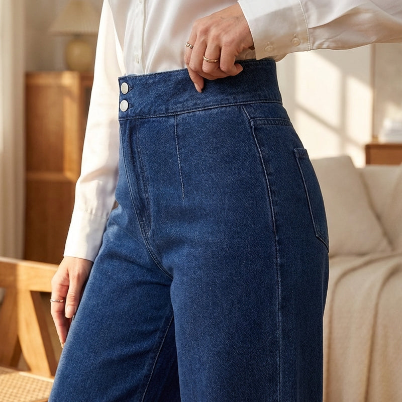 Rachel | Brede jeans med høj talje og asymmetrisk knaplukning